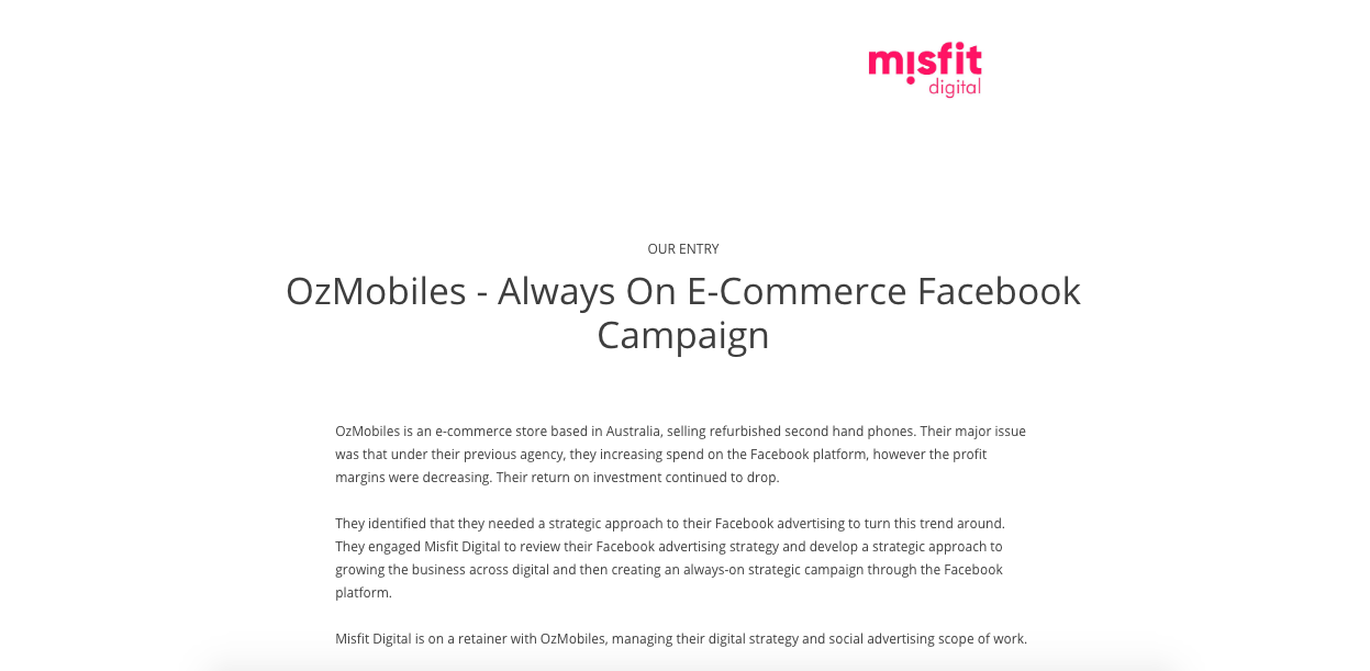 Vega Digital Awards Winner - OzMobiles Always On Ecommerce Facebook Campaign, Misfit Digital