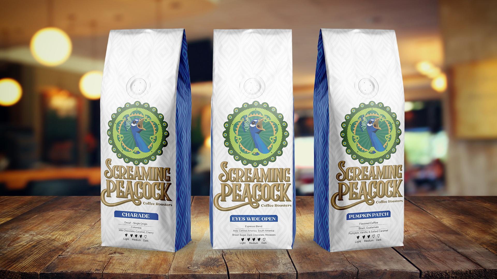 Vega Digital Awards Winner - Screaming Peacock Coffee Packaging Logo and Packaging Design, Mad Men Marketing