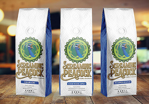 Screaming Peacock Coffee Packaging Logo and Packaging Design, Mad Men Marketing - Vega Website Awards Winner
